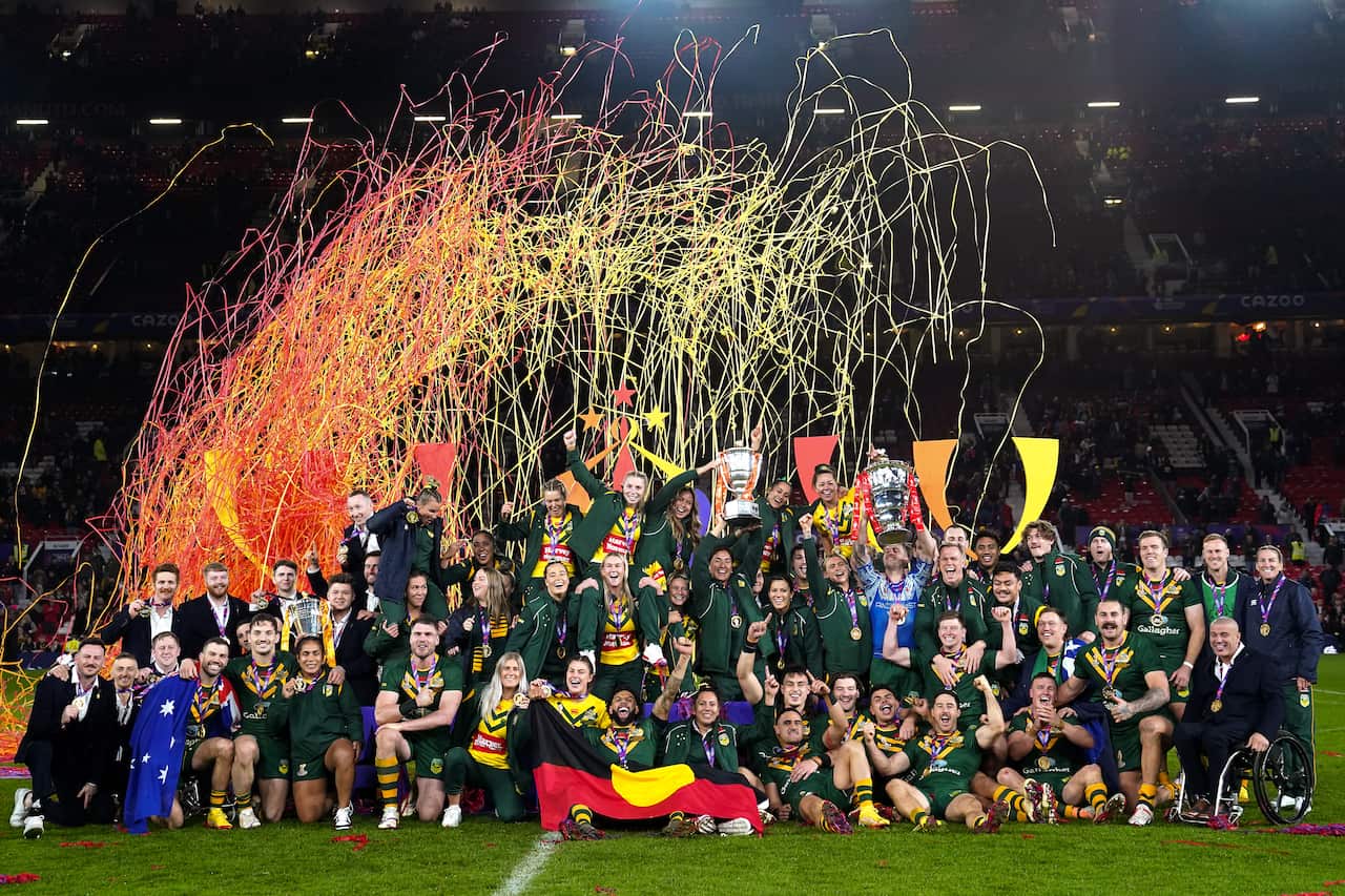 The Kangaroos, Jillaroos and England wheelchair teams celebrate their World Cup wins.
