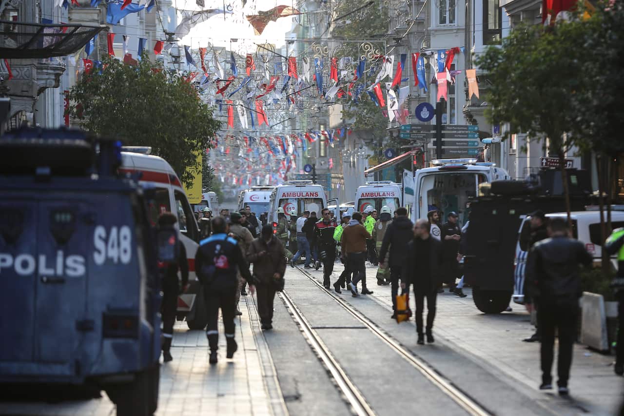 Ambulances lined along Istiklal Avenue in central Istanbul