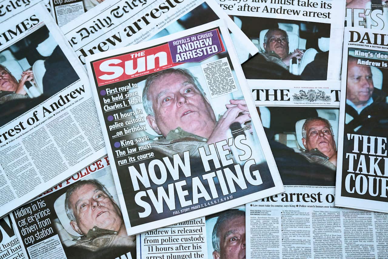 A collection of newspaper front pages showing the former Prince Andrew. 