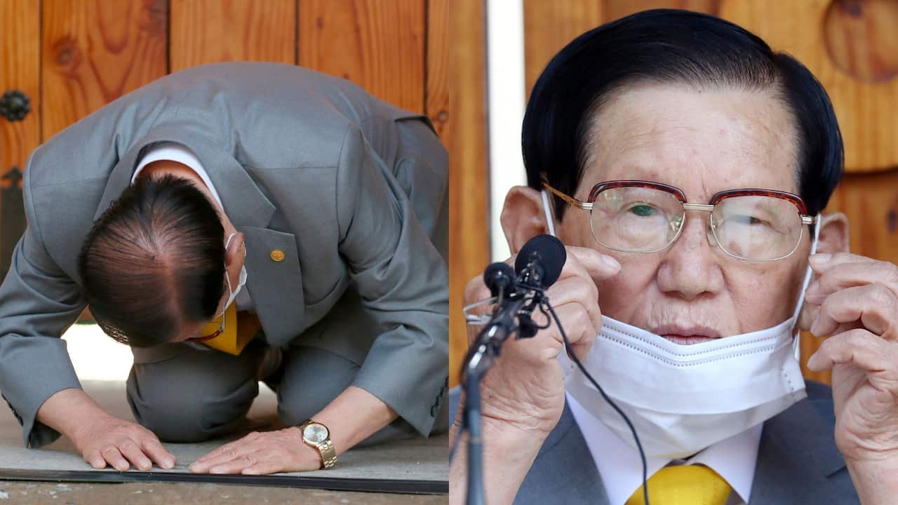 Two images of an elderly man wearing a grey suit. The one on the left shows him kneeling and bowing with his hands on the ground, and the one on the right shows him taking a face mask away from his face to speak into a microphone.