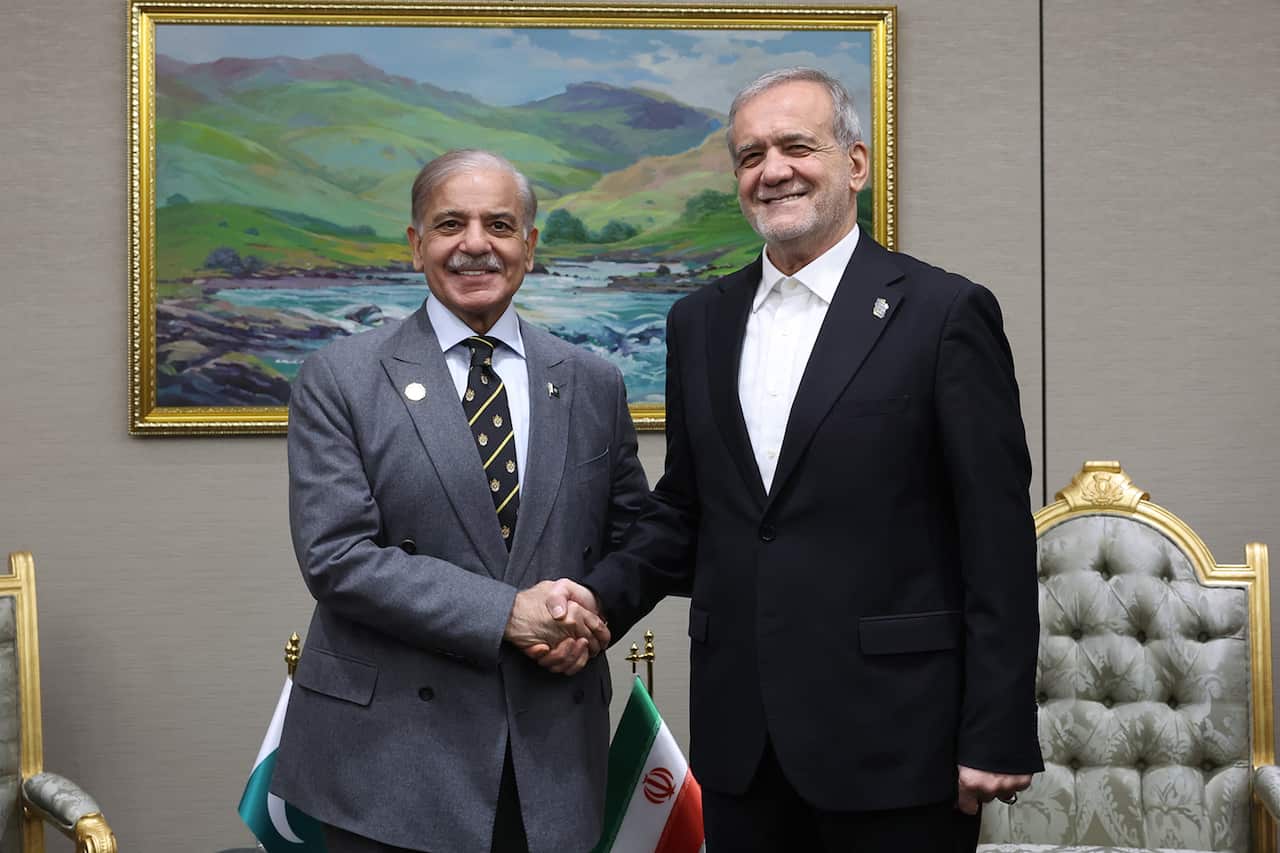 Pakistan's Prime Minister Shehbaz Sharif and Iranian President Masoud Pezeshkian smile while shaking hands in front of a landscape painting and small national flags.