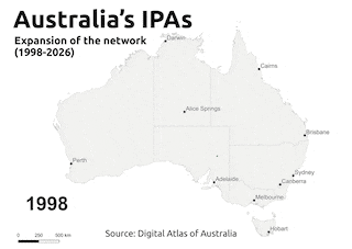 A gif of an Australian map showing all 95 current Indigenous Protected Areas.