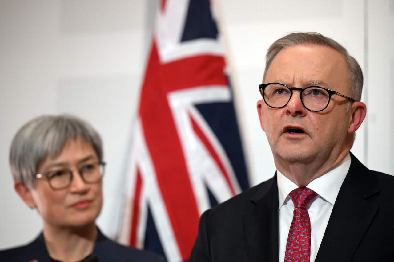 Anthony Albanese and Penny Wong at a press conference.