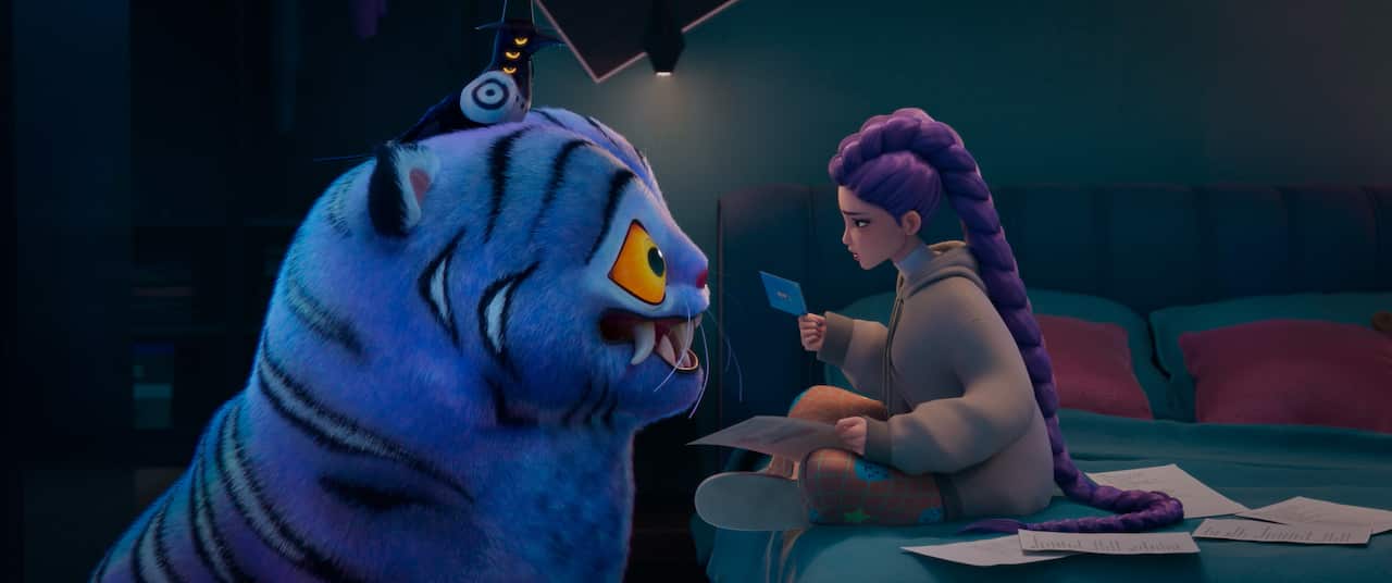 An large blue animated tiger with a three-eyed magpie sitting on its head, looks at an animated girl with purple hair. 