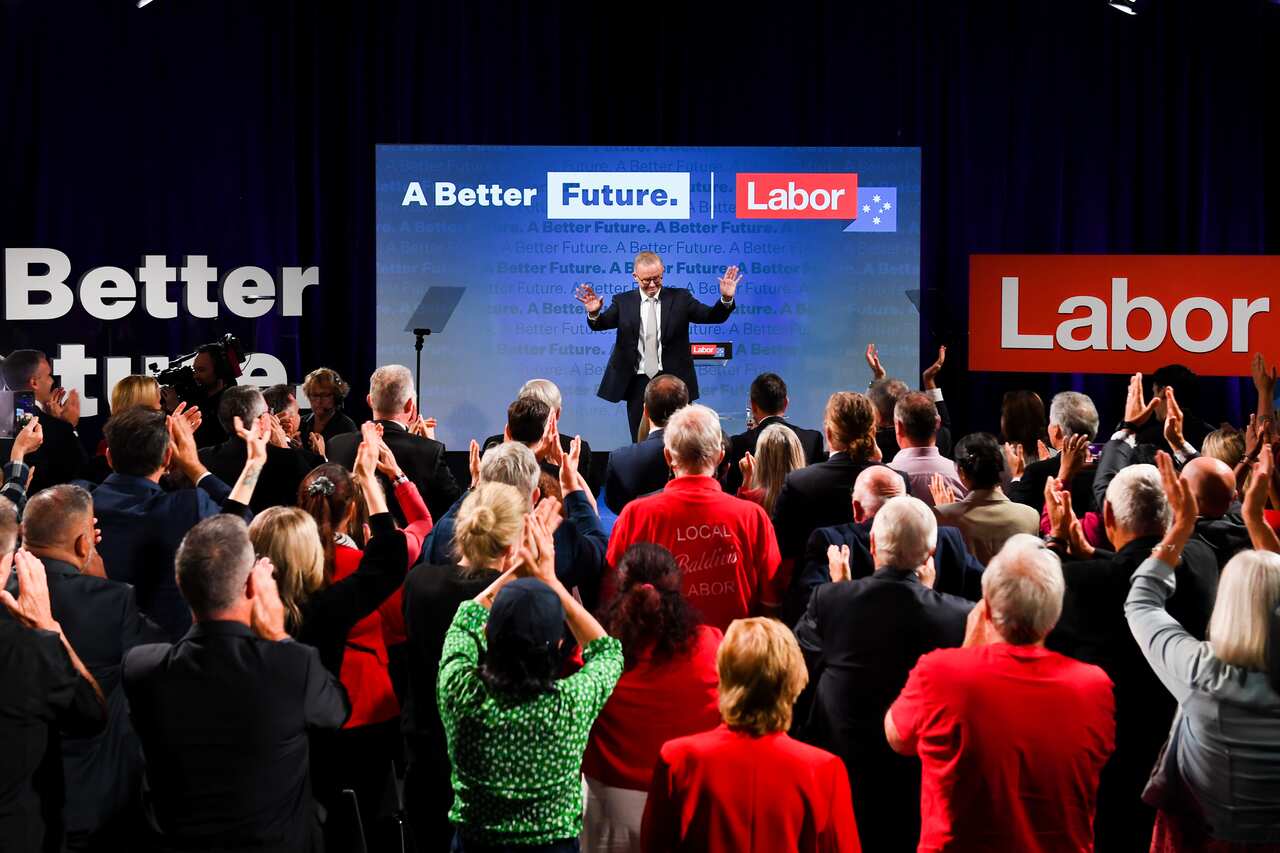 Anthony Albanese on stage at the Labor Party campaign launch