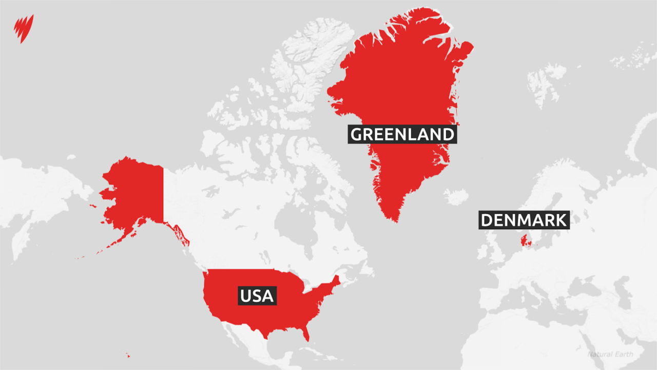 A map showing the geographical relation between the US, Denmark and Greenland.