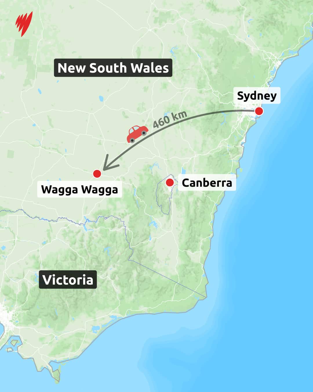 A map showing the distance from NSW and Victoria to Wagga Wagga.