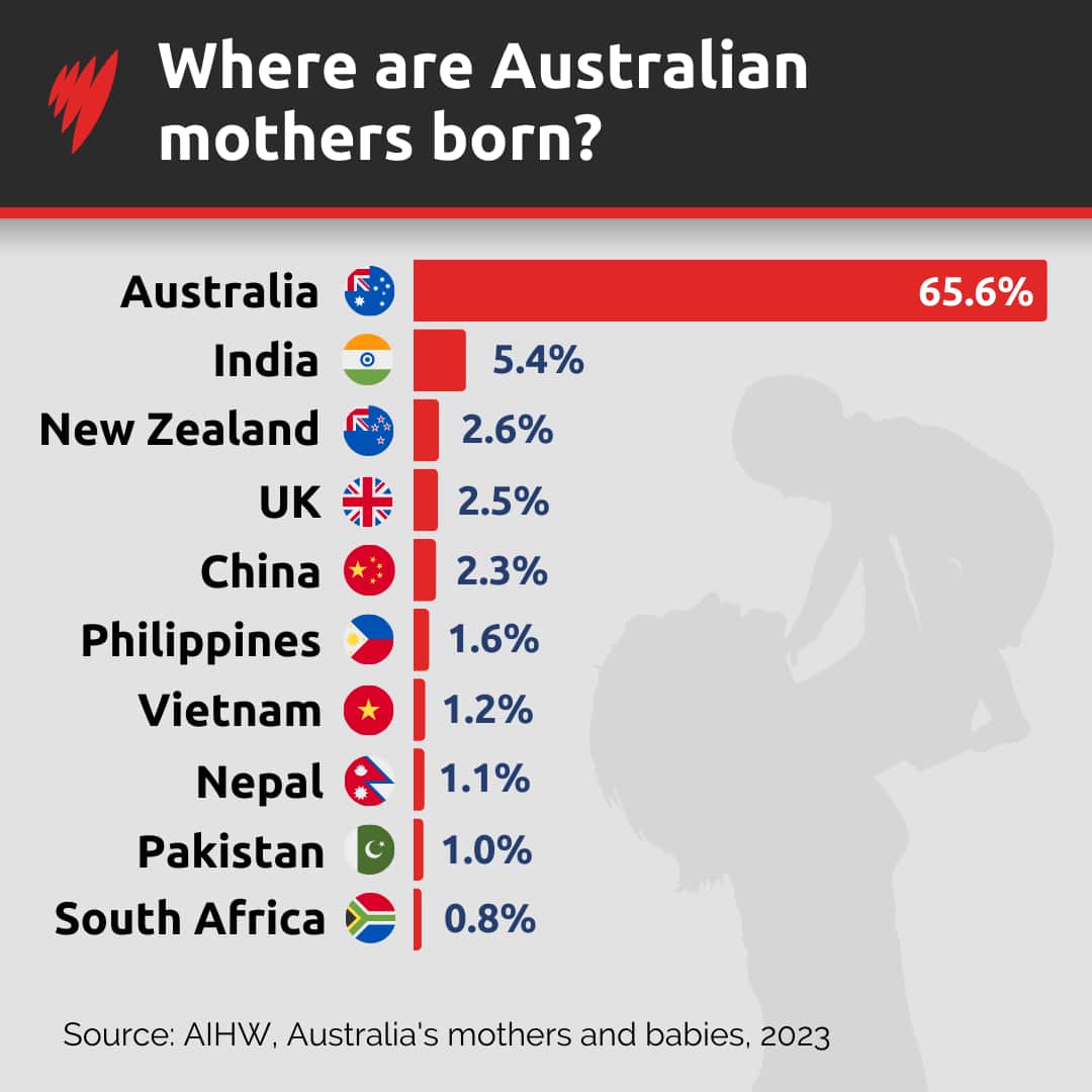 Graphic showing 65.6 per cent of those who give birth in Australia were born here.