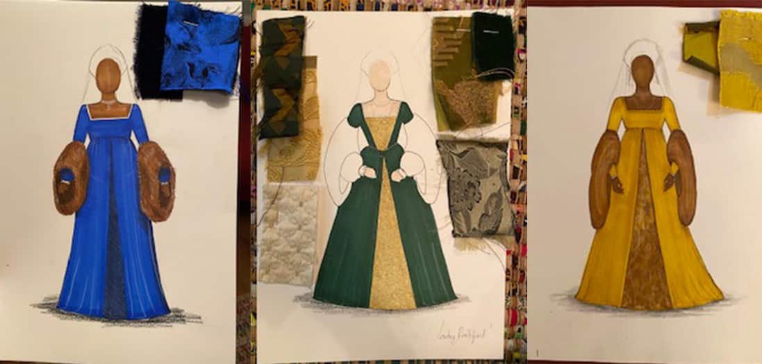 Three pinboards side by side showing costume ideas for three gowns used in miniseries Anne Boleyn.jpg