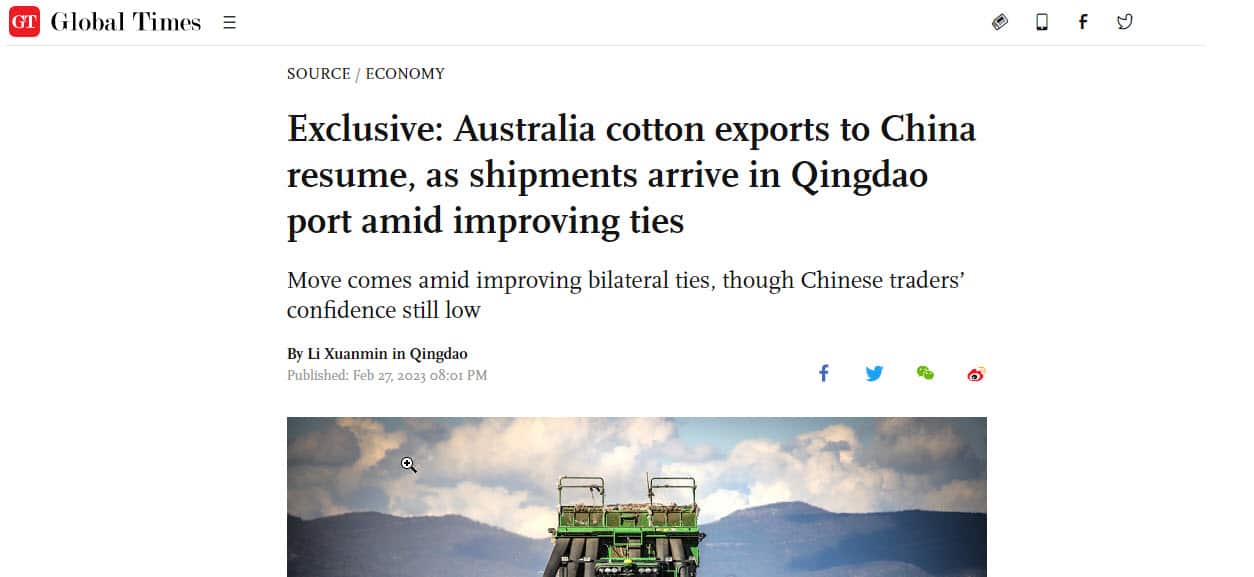環球時報英文版獨家報道,澳洲棉花恢復進口中國。