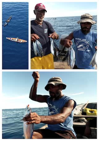A composite of four photos showing two Solomon Islander fishermen, their canoes and caught fish.