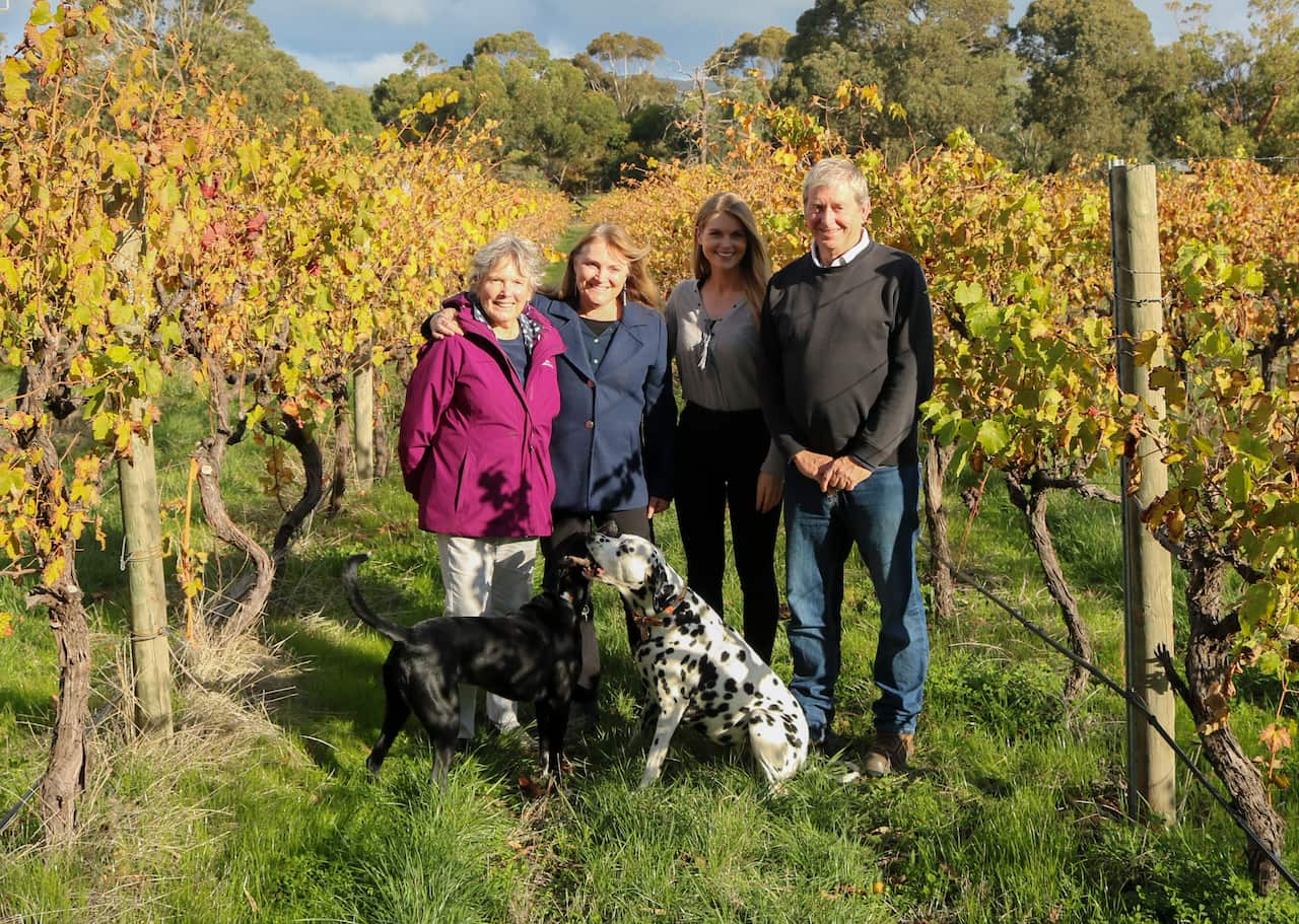 Linger Longer Vineyard, Rosemary, Louisa and Isadora with son in law Rick who now runs the vineyard.jpg