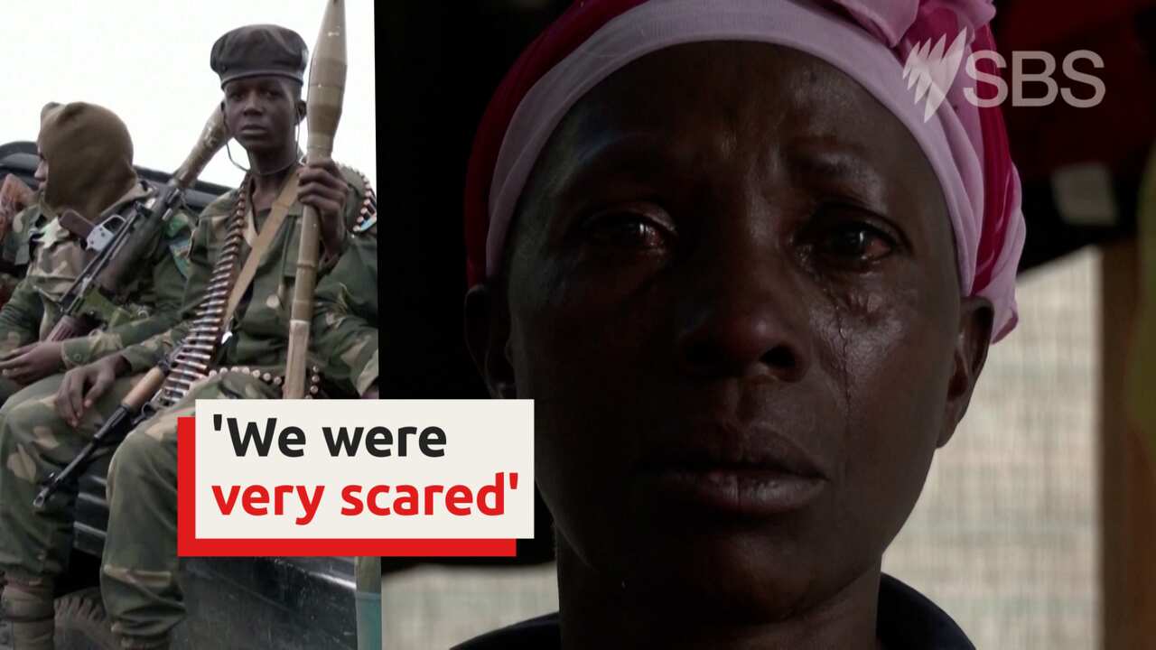 Left: Rebel soldiers sit in the back of a truck Right: A woman stares ahead, tears streaming down her face.