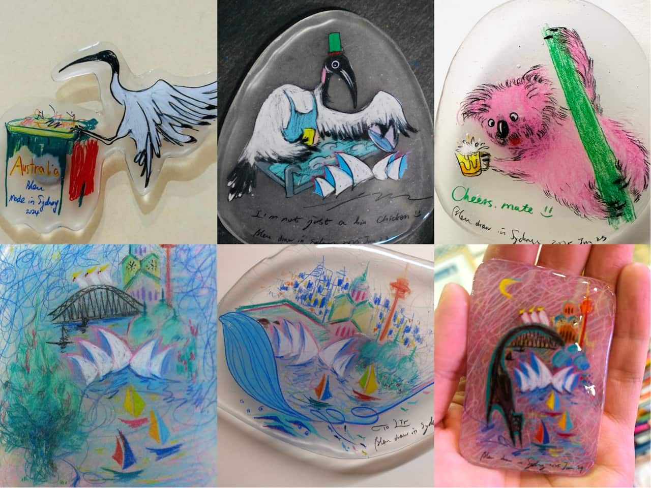 在他的手绘冰箱贴中，你可以看到垃圾鸟、笑翠鸟、考拉、悉尼歌剧院等澳洲特色元素。