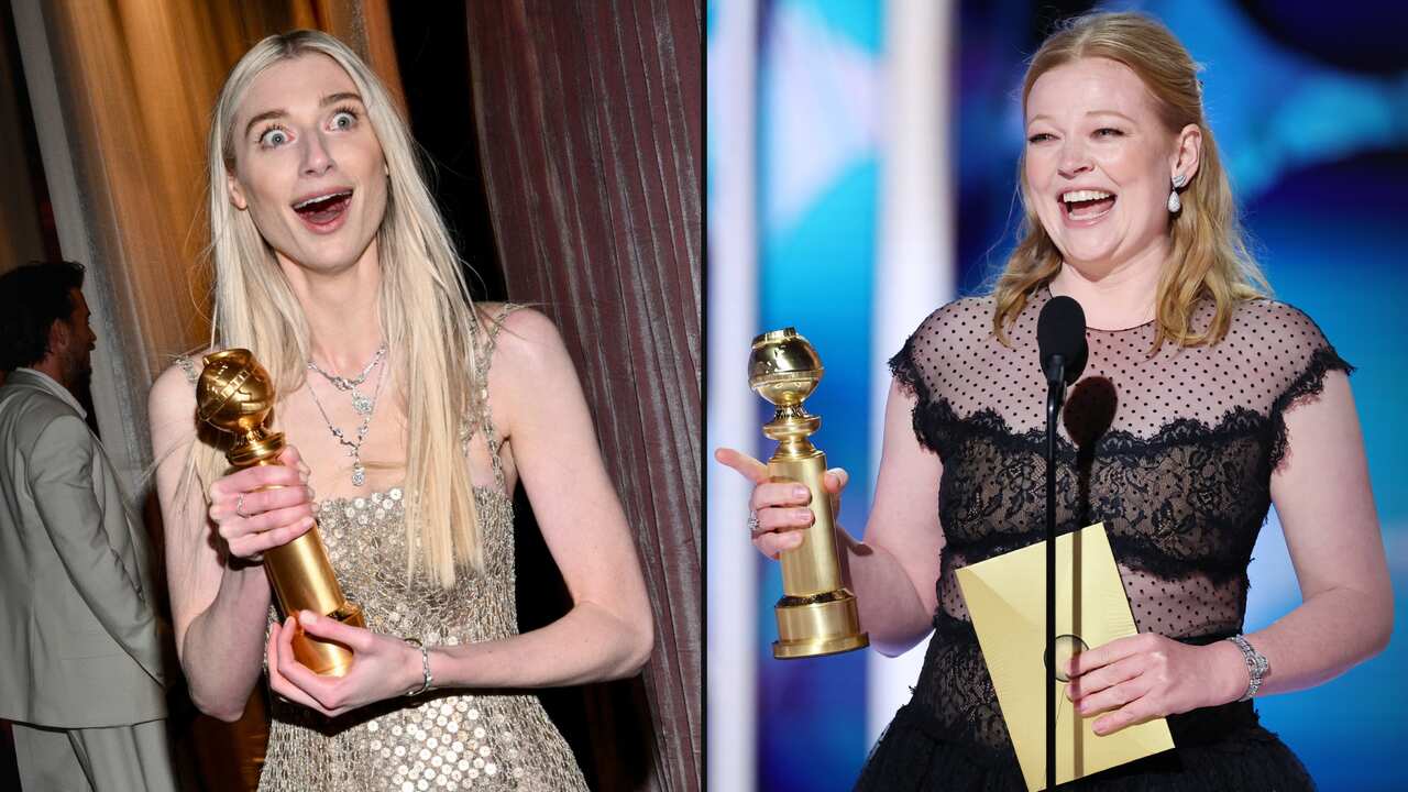 A split image. On the left is a woman with an excited facial expression holding a gold trophy. On the right is a woman standing and speaking in front of a microphone while holding a gold tropy.