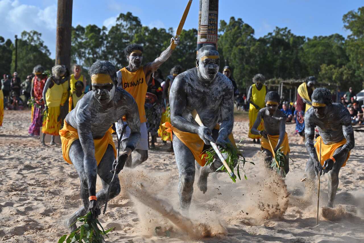 Indigenous men dance at the Garma festival.