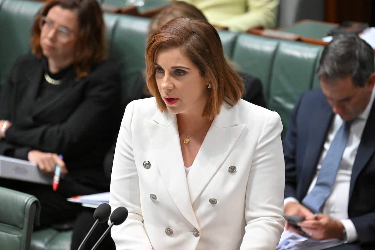 Minister for Communications Anika Wells, wearing a white blazer, speaks in parliament. Several other politicians are seated behind her.