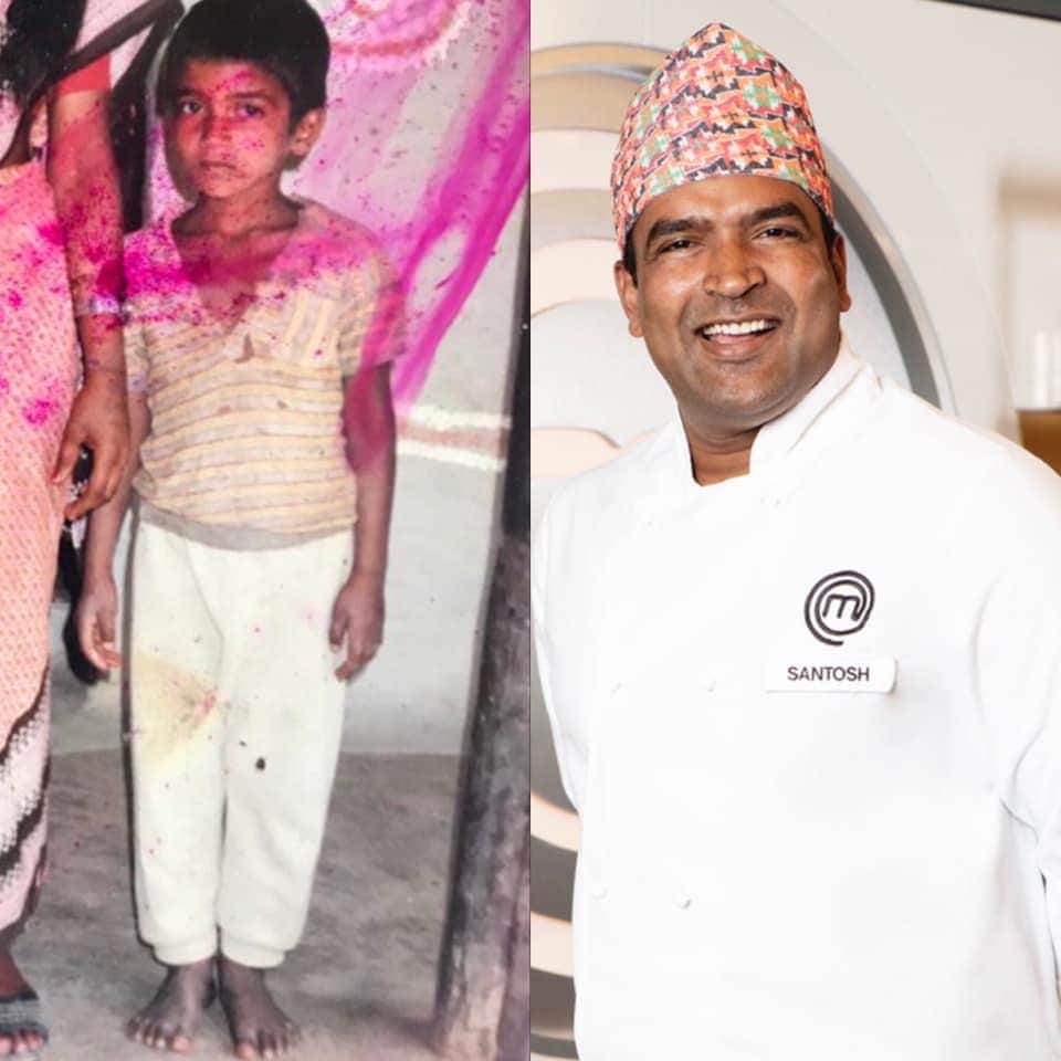 Chef Santosh Shah as a child (L) and as a contender on MasterChef UK (R).