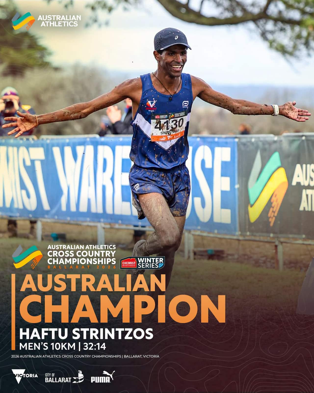 Haftu Strintzos take out the big win in tough conditions at the Australian Athletics Cross Country Championships, Ballarat, Victoria, August 2026 / Australian Athletics Cross Country Championships / Athletics Victoria