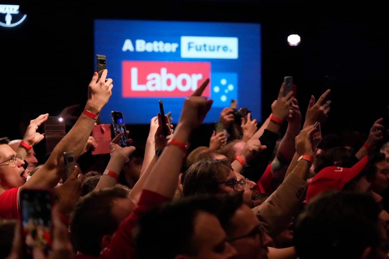Supporters cheer the arrival of Labor Party leader Anthony Albanese at a Labor Party event in Sydney, Australia.