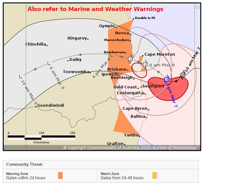 A map showing the predicted path of Tropical Cyclone Alfred.