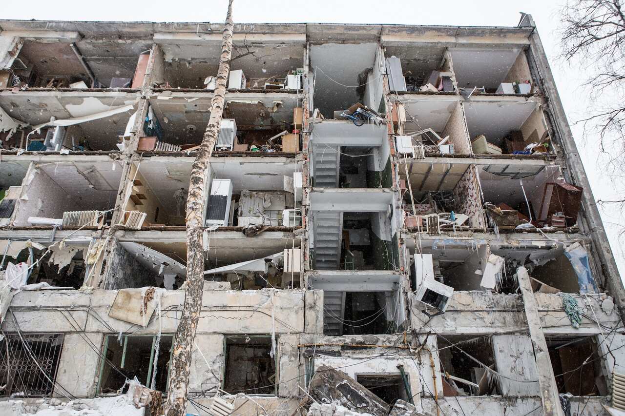 Bombed buildings in a residential neighbourhood near Kharkiv Metro Station on 10 March 2022.