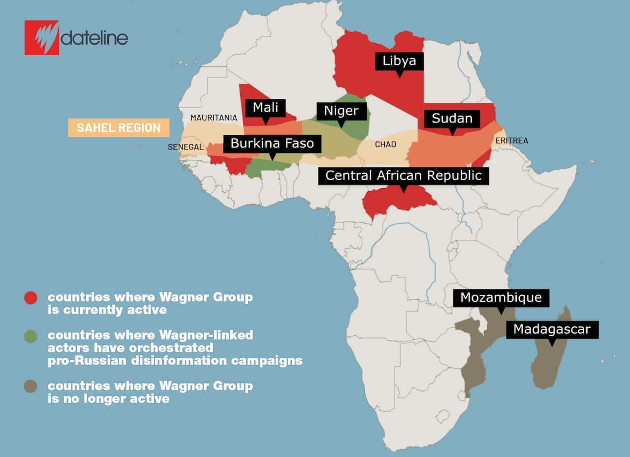 A map of Africa with marked countries where Russia's Wagner Group has been operating