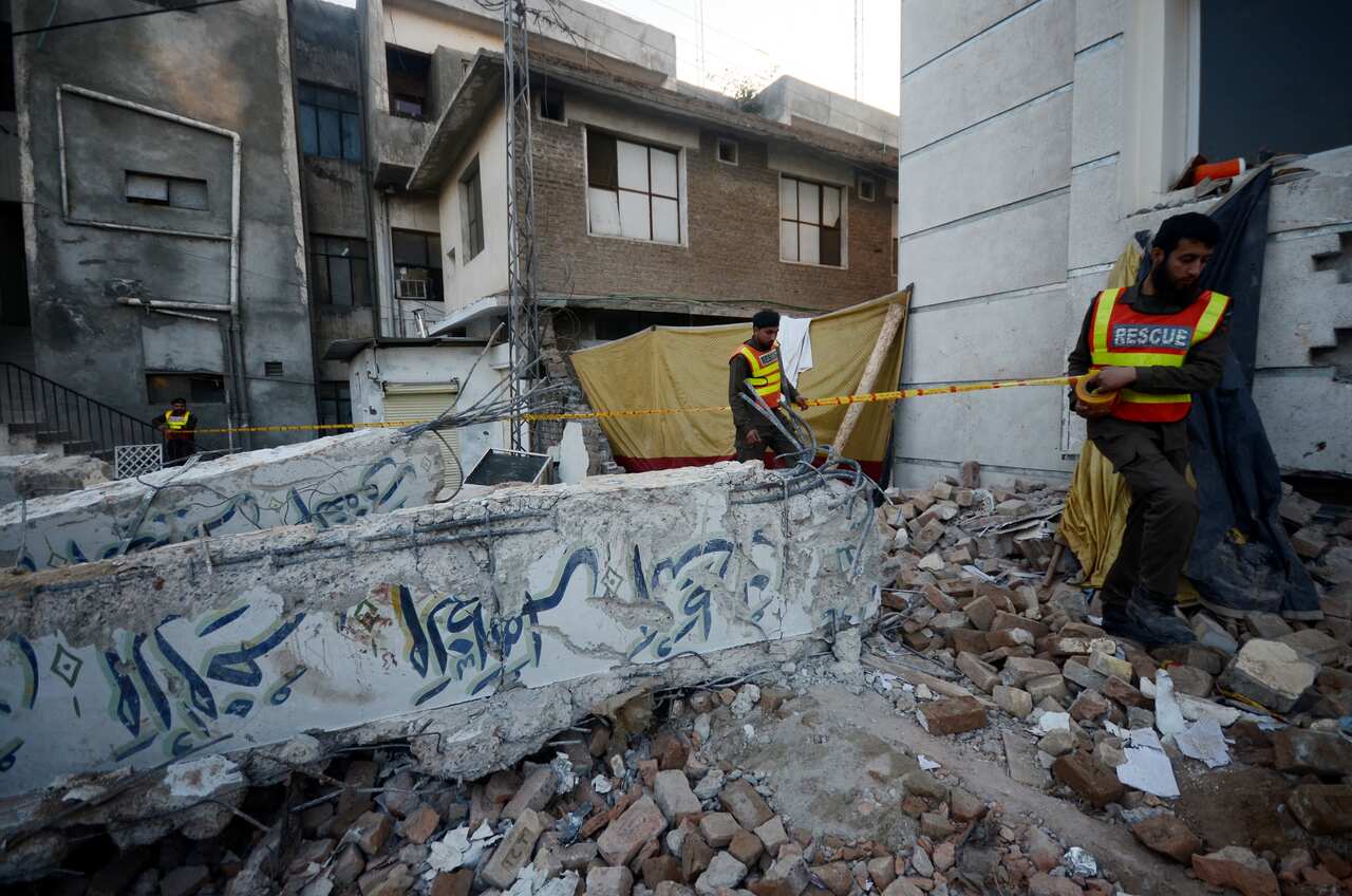 A view of damage from the suicide bombing at a mosque in Peshawar 