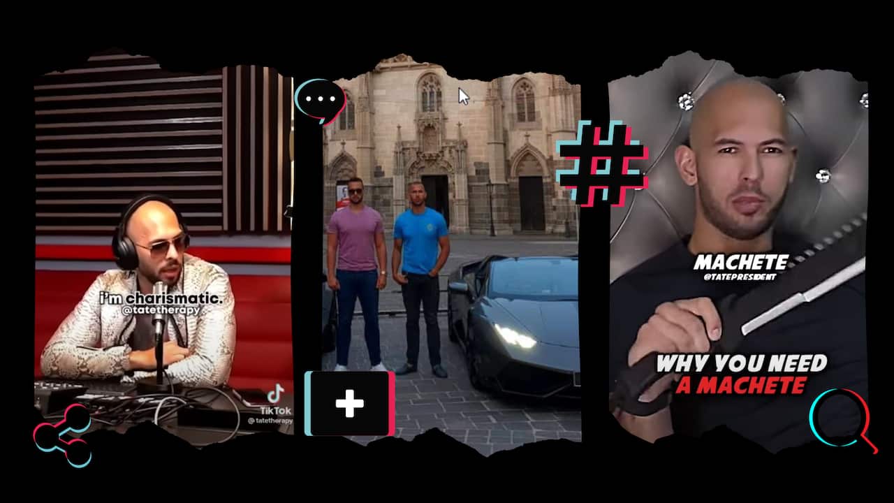 A collage of a bald man talking in a camera, posing next to a car, and holding a machete.