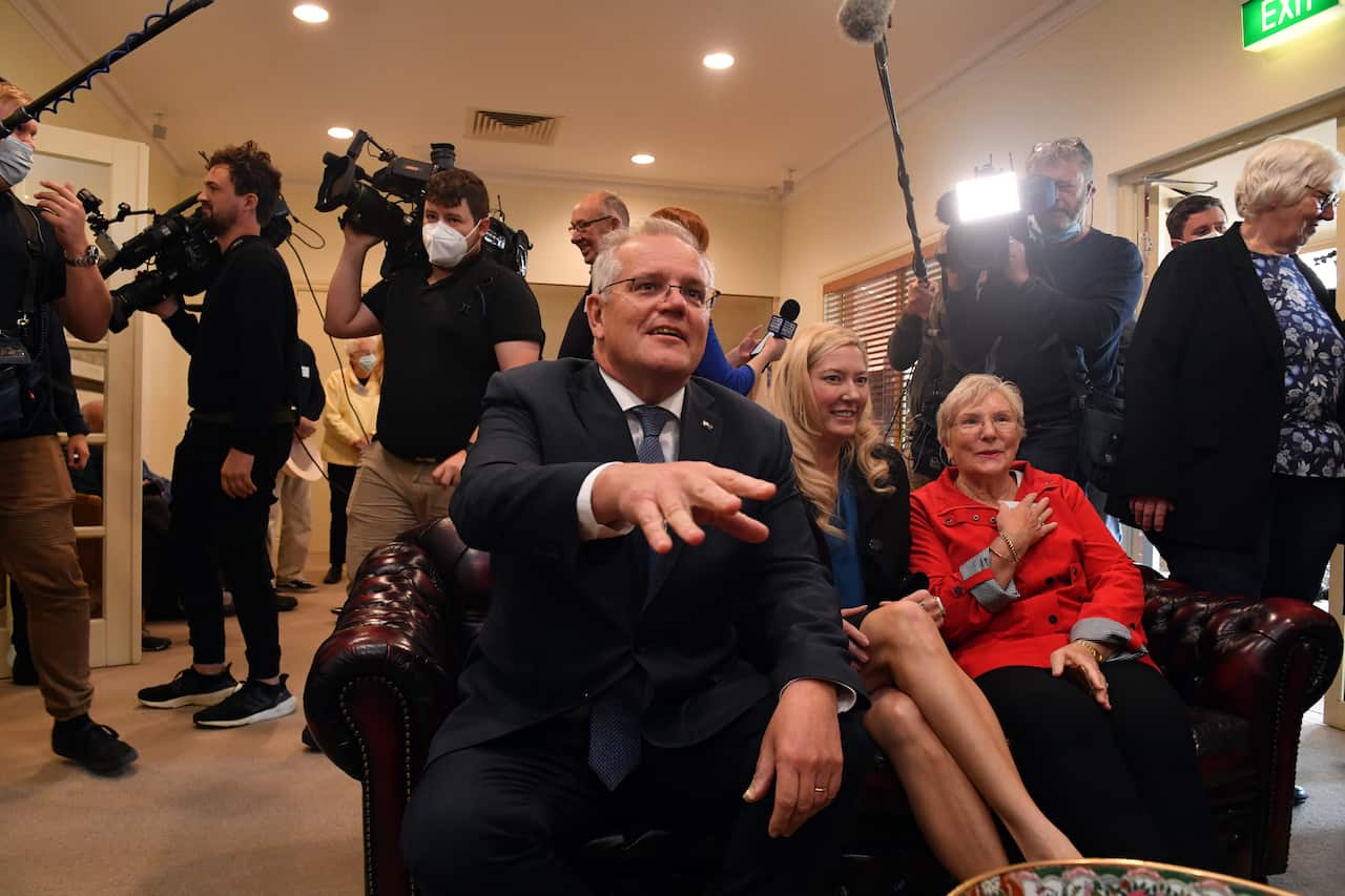 Prime Minister Scott Morrison talks to elderly residents at Parks Lifestyle Retirement Village on Day 24 of the 2022 federal election campaign, in Daw Park in Adelaide.