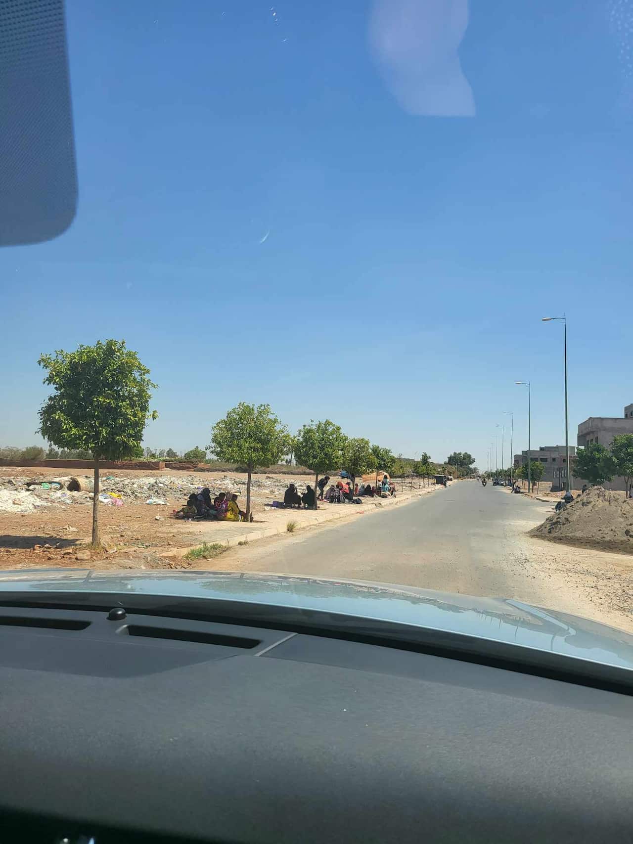People sitting under small trees next to a road. Picture is taken from inside front of car