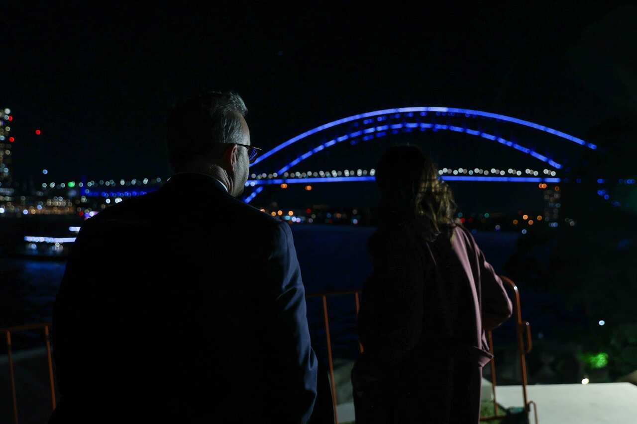 Rear view of Anthony Albanese (left) and Jacinda Ardern standing in front of a bridge which is lit up at night.