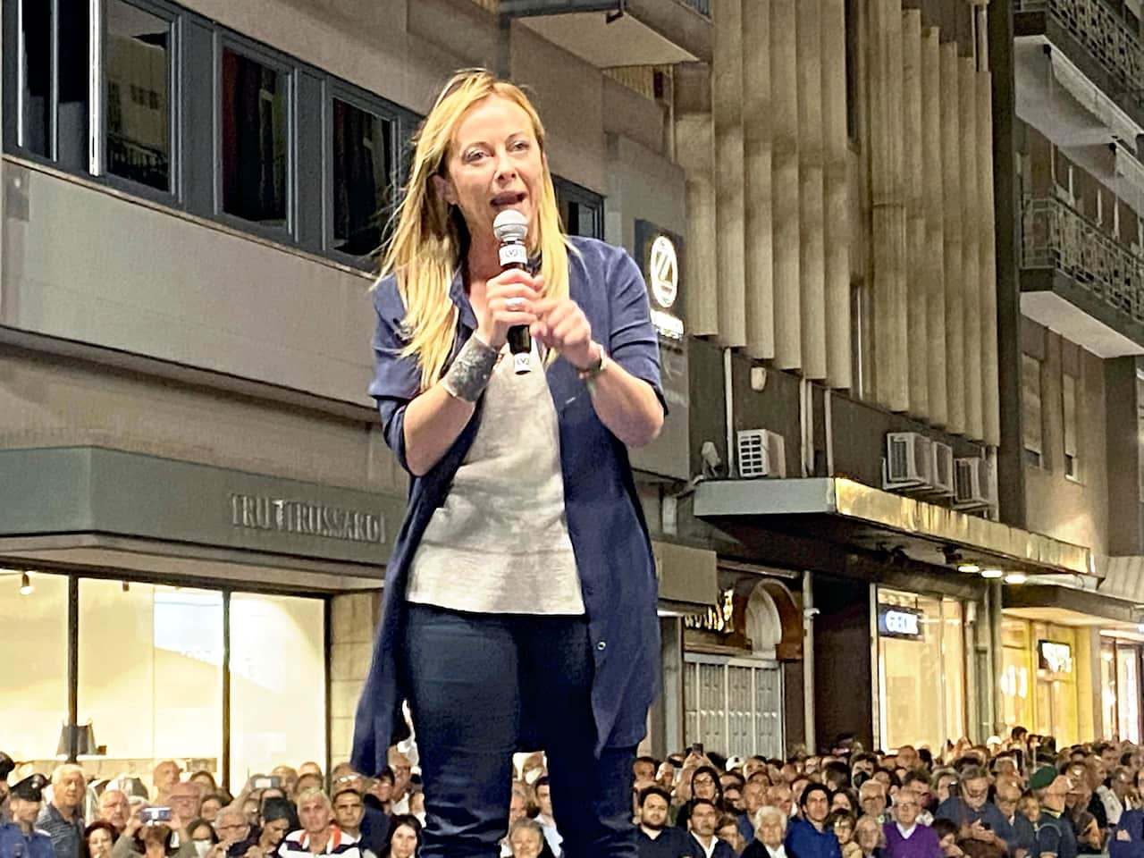 Giorgia Meloni, leader of the far-right party Brothers of Italy, addresses supporters in Bari, Italy.