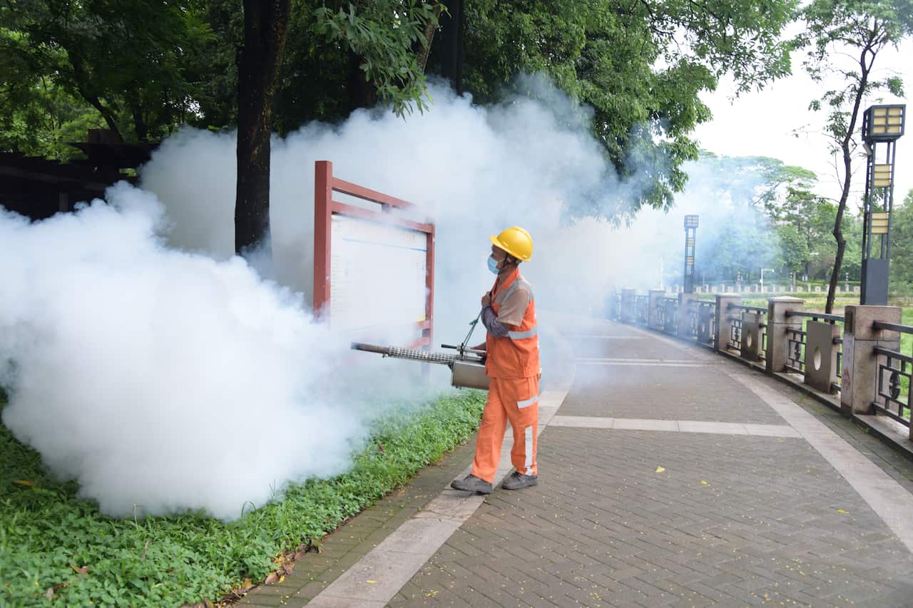 A pest control worker fumigates a park walkway, creating a cloud of white smoke.