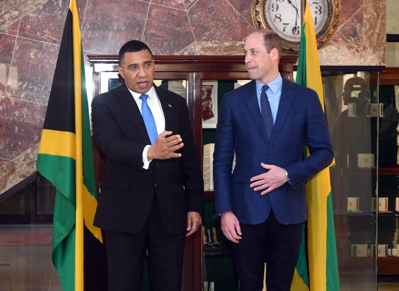 Britain's Prince William and Jamaican Prime Minister Andrew Holness during a meeting at the residence of the Jamaican Prime Minister in Kingston, Jamaica on 23 March 2022.