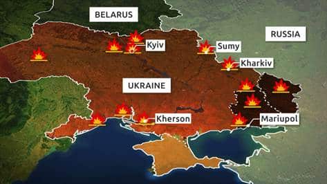 A graphic showing where missiles were fired on cities and military targets in Ukraine