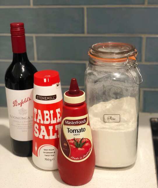 Red wine, salt, tomato sauce and flour