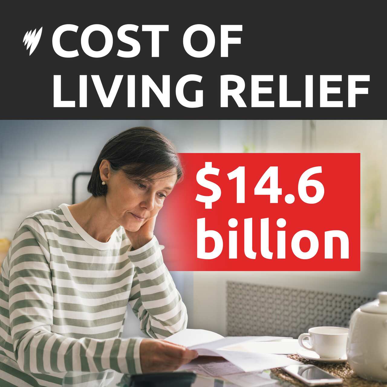 Graphic showing woman struggling to pay her bills.