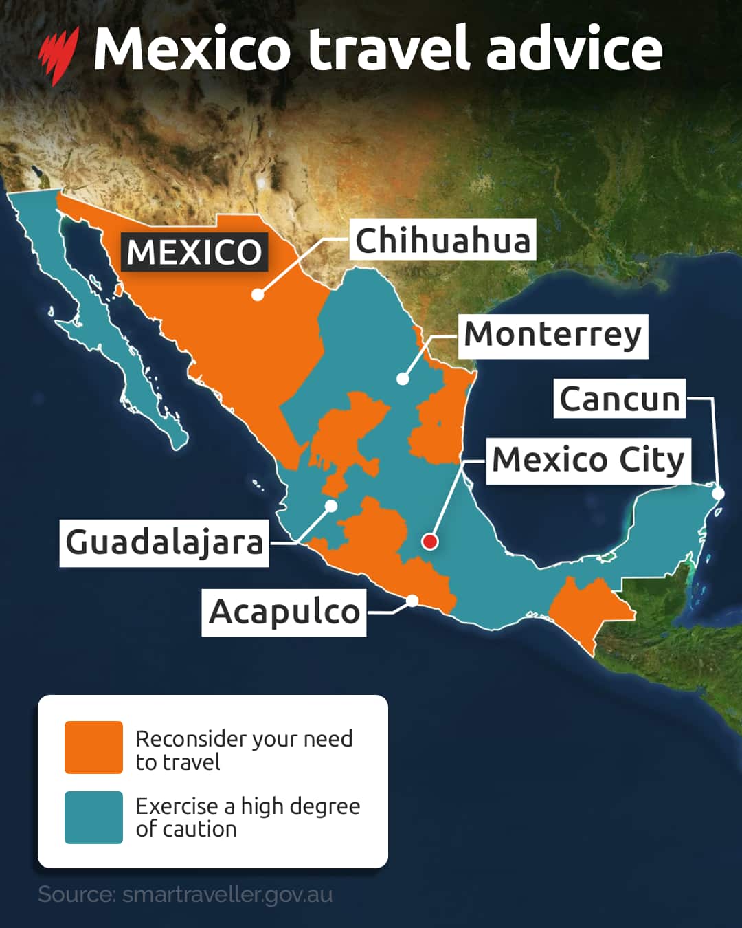A map of Mexico showing which parts of the country have been affected by the outbreaks of violence.