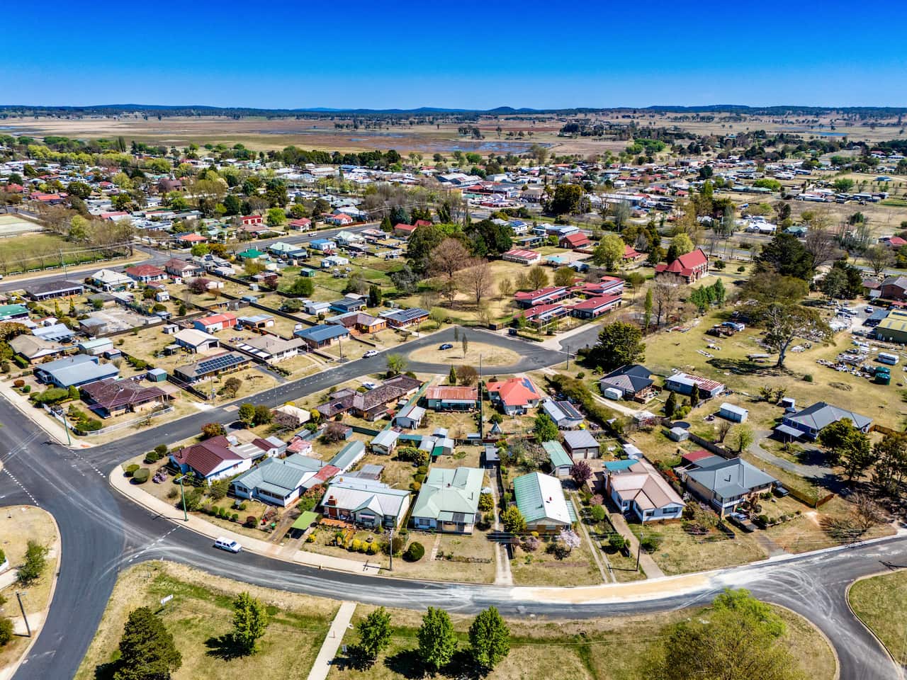 An aerial view of a town.