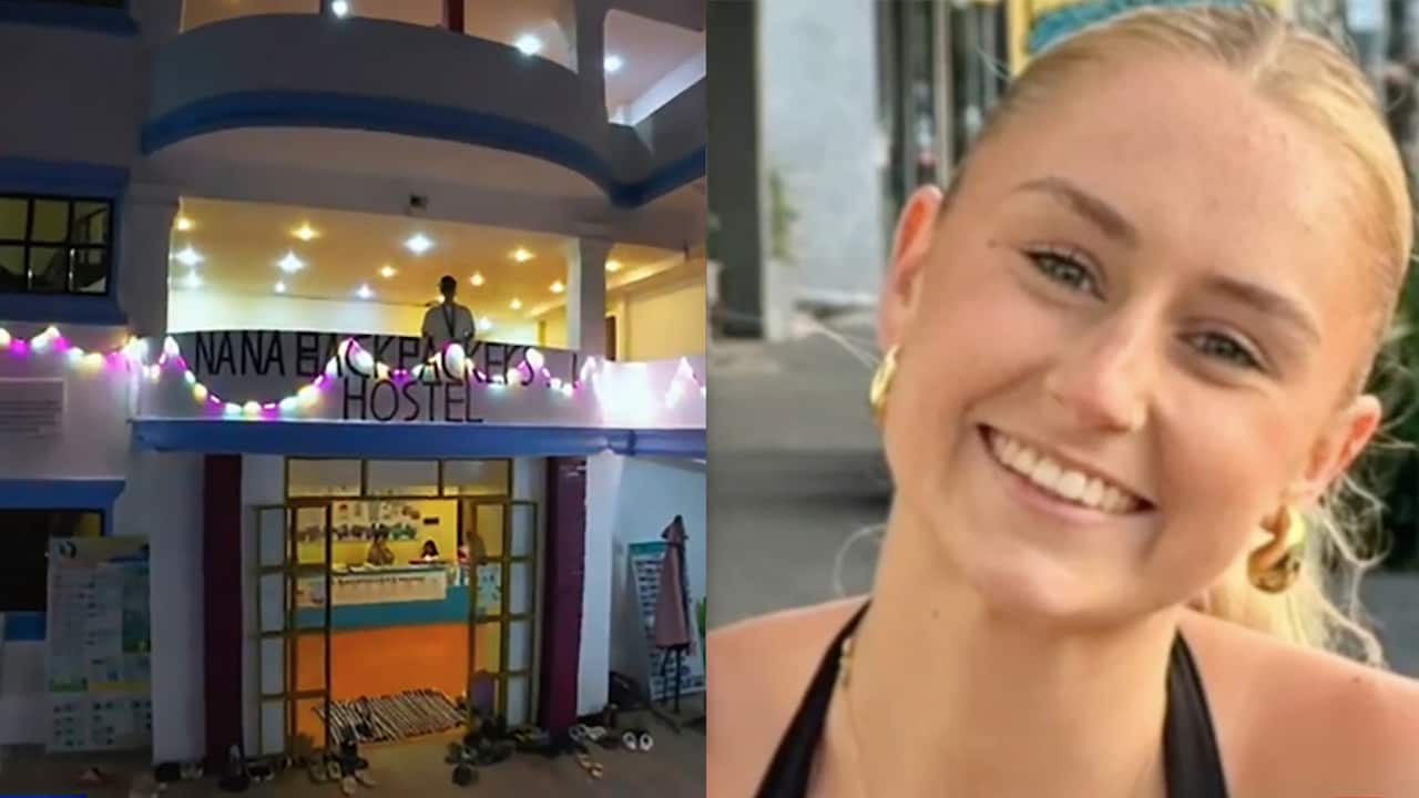 Composite image of a hostel and a young woman smiling at a camera
