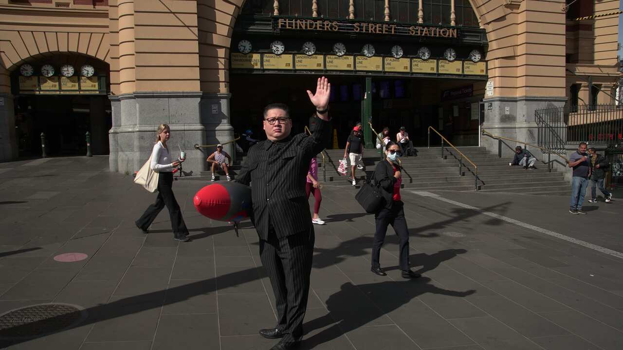 Kim Jong-un impersonator Howard X outside Flinders Street Station on Thursday.