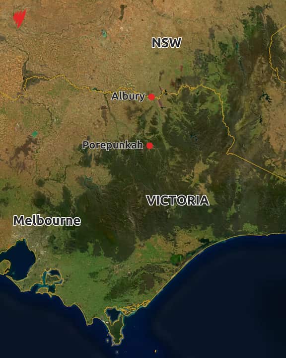 A map showing the location of the regional town of Porepunkah with other locations also marked, including Melbourne, Albury, and the states of Victoria and NSW.