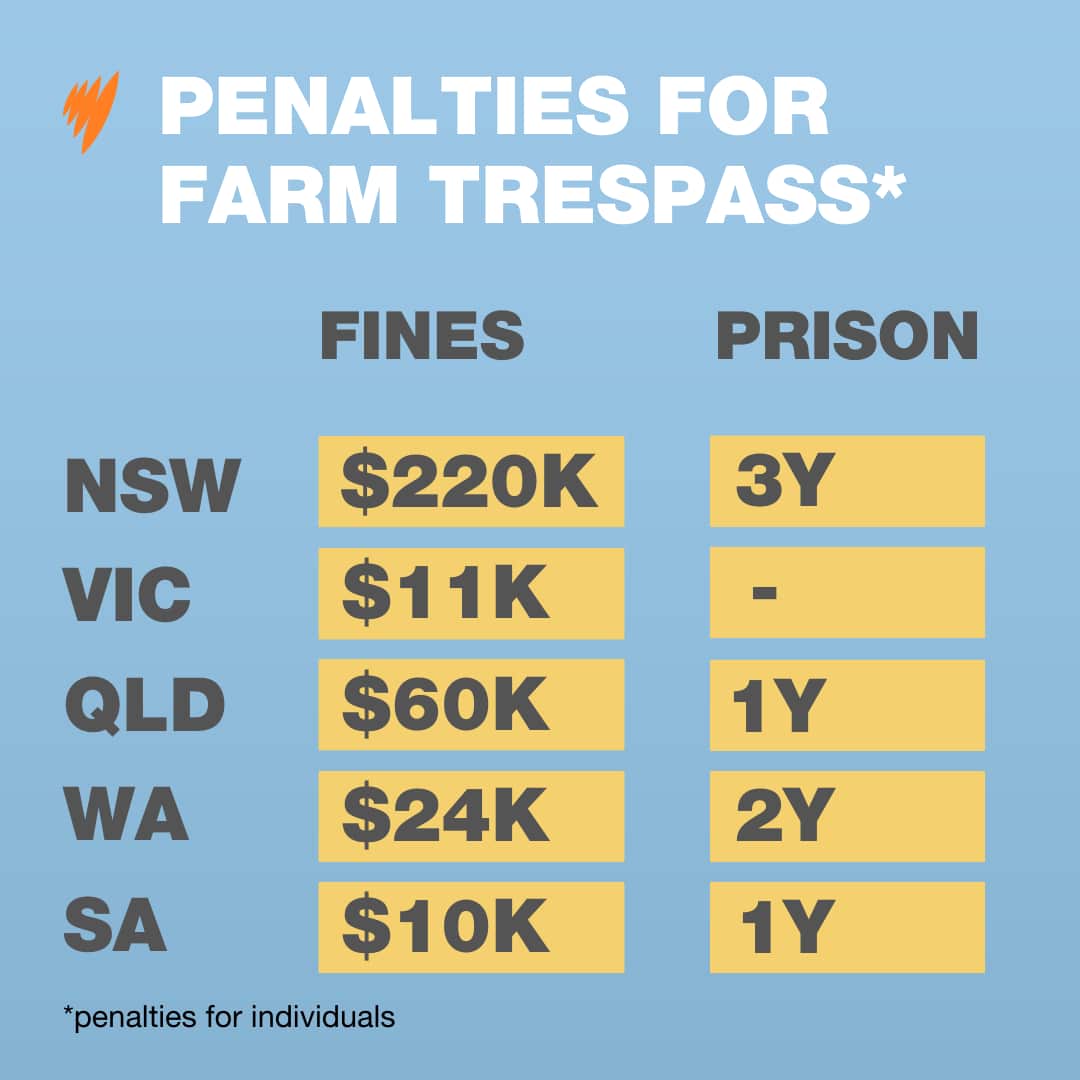 Chart showing fines and prison time associated with farm trespass for various Australian states
