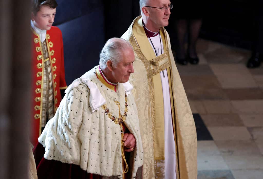 Britain's King Charles III arrives at Westminster Abbey in central London for his coronation.