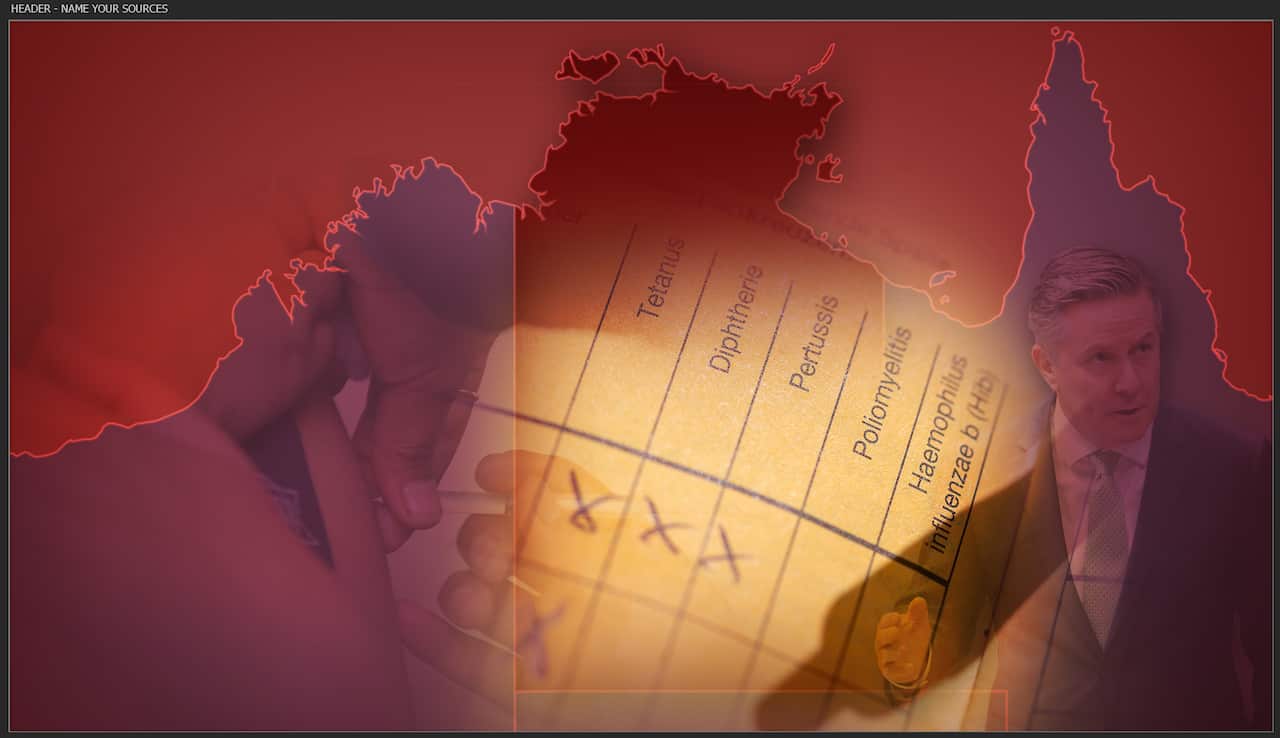 Red-toned collage of Australia map, child vaccination card, and politician speaking on immunization.