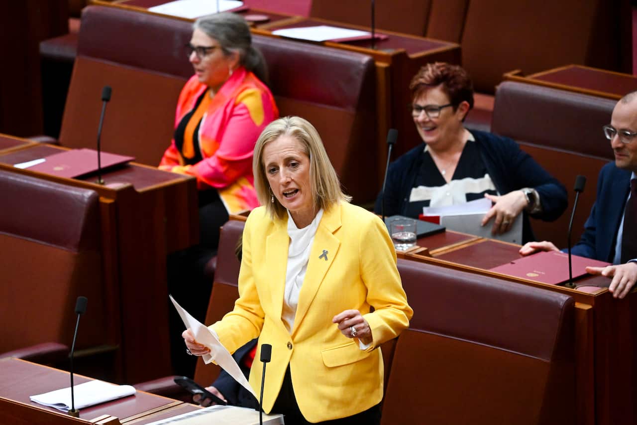 A woman standing in the Senate chamber and speaking.