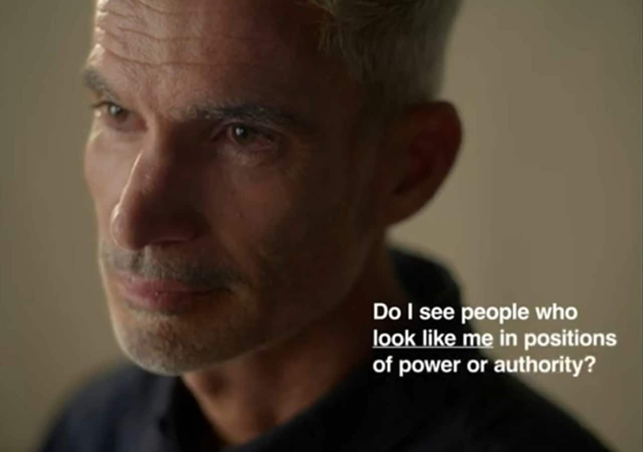 Former Socceroo Craig Foster next to text reading: "Do I see people who look like me in positions of power or authority?"