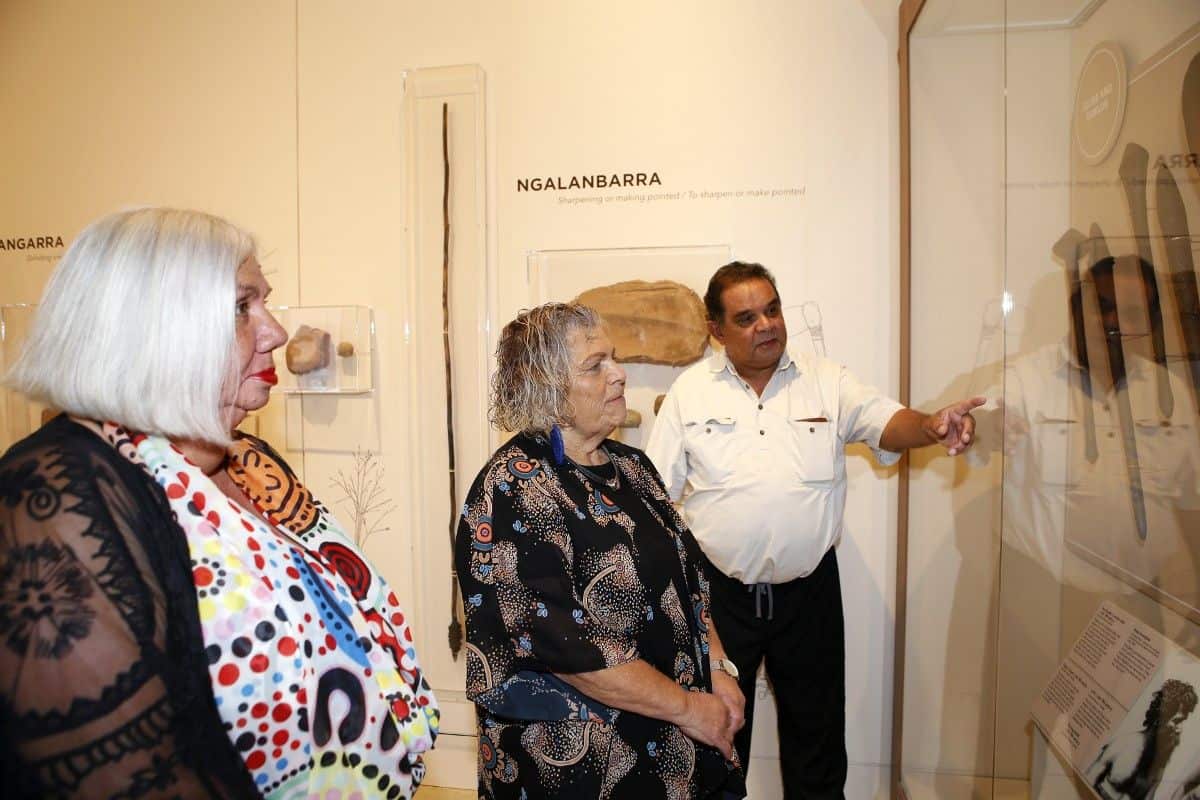Mawang Gaway Wiradyuri Gallery Reference Group members Aunty Cheryl Penrith, Aunty Mary Atkinson and Uncle James Ingram looking at the objects in a display case now installed in the new Wiradyuri Gallery at the Museum of the Riverina. 
