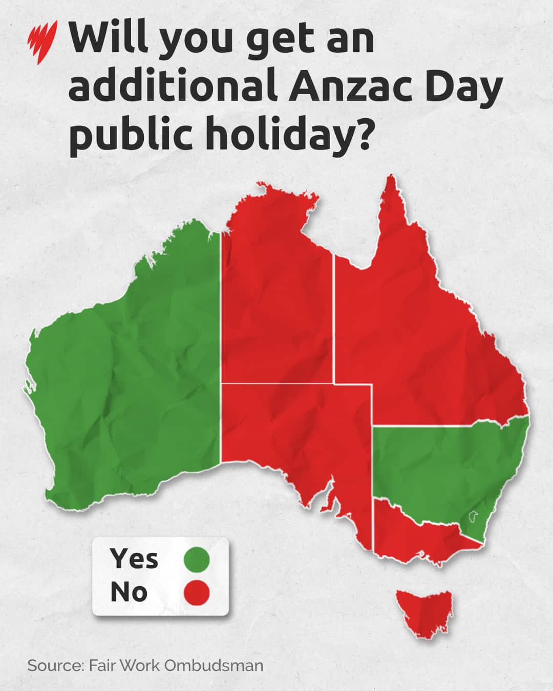 Graphic art of a map of Australia titled Will you get an additional Anzac Day public holiday? Western Australia and NSW are shaded green to indicate 'yes'. The other states and territories are shaded red to indicate 'no'.